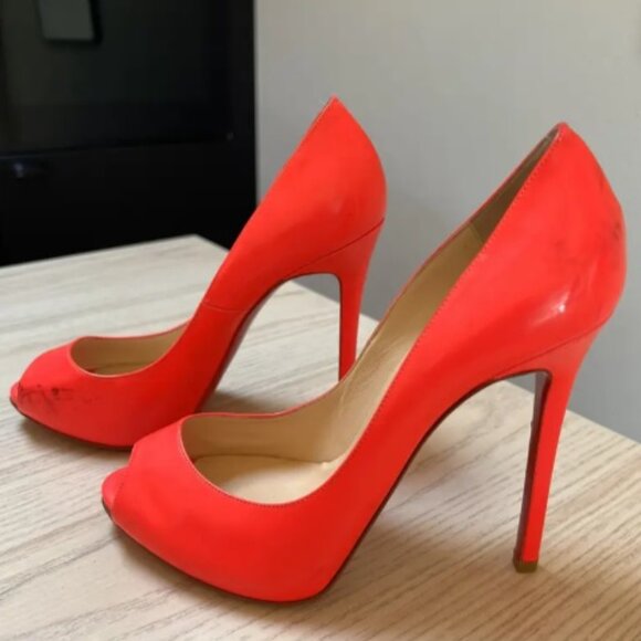 Christian Louboutin Bright Orange Pink Peep-Toe Heels size 38 - Picture 1 of 15